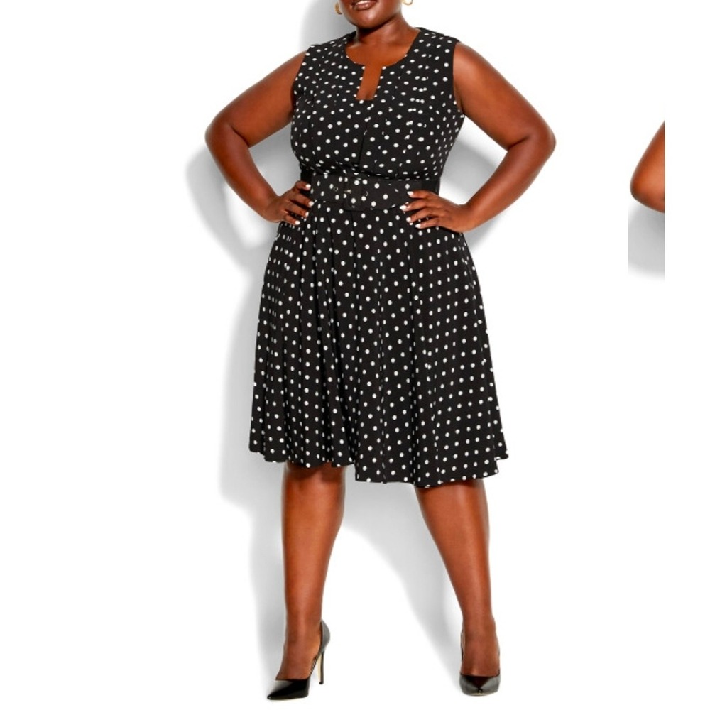 City Chic Fit & Flare Dress Plus Size 16 Black White Polka Dot Belted